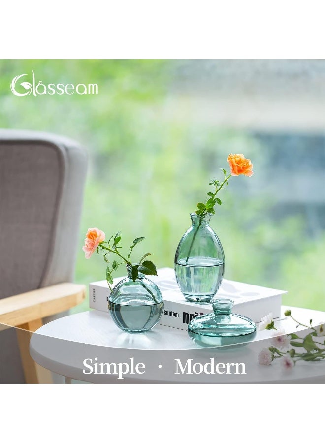 Glasseam Small Glass Bud Vase for Centerpieces, 6Pcs/2Sets Green Modern Small Mini Flowers Vases Short Minimalist Aesthetic Vintage Cute Handmade Tiny Wedding Table Centerpiece for Single Flower Rose - Image 2