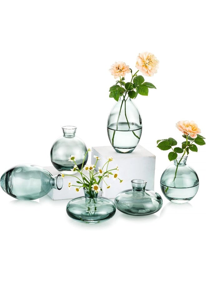 Glasseam Small Glass Bud Vase for Centerpieces, 6Pcs/2Sets Green Modern Small Mini Flowers Vases Short Minimalist Aesthetic Vintage Cute Handmade Tiny Wedding Table Centerpiece for Single Flower Rose - Image 1