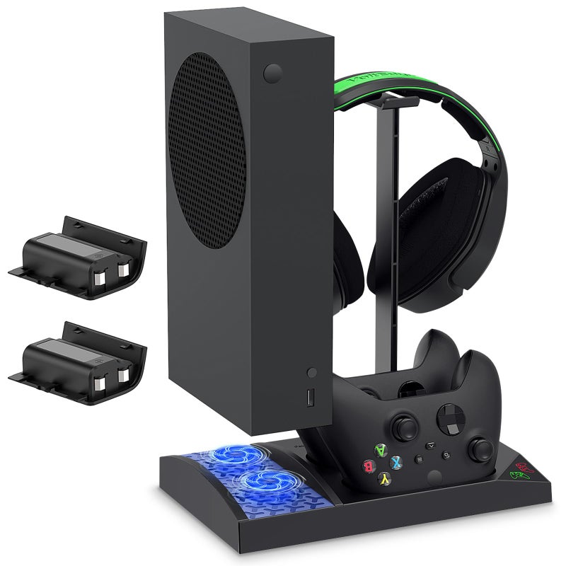 FYOUNG Upgraded Vertical Cooling Fan Stand for Xbox Series S Cooler Fan System Dual Controller Charging Dock Station with 2 x 1400mAh Rechargeable Battery Pack Headphone Bracket for Xbox Series S Black