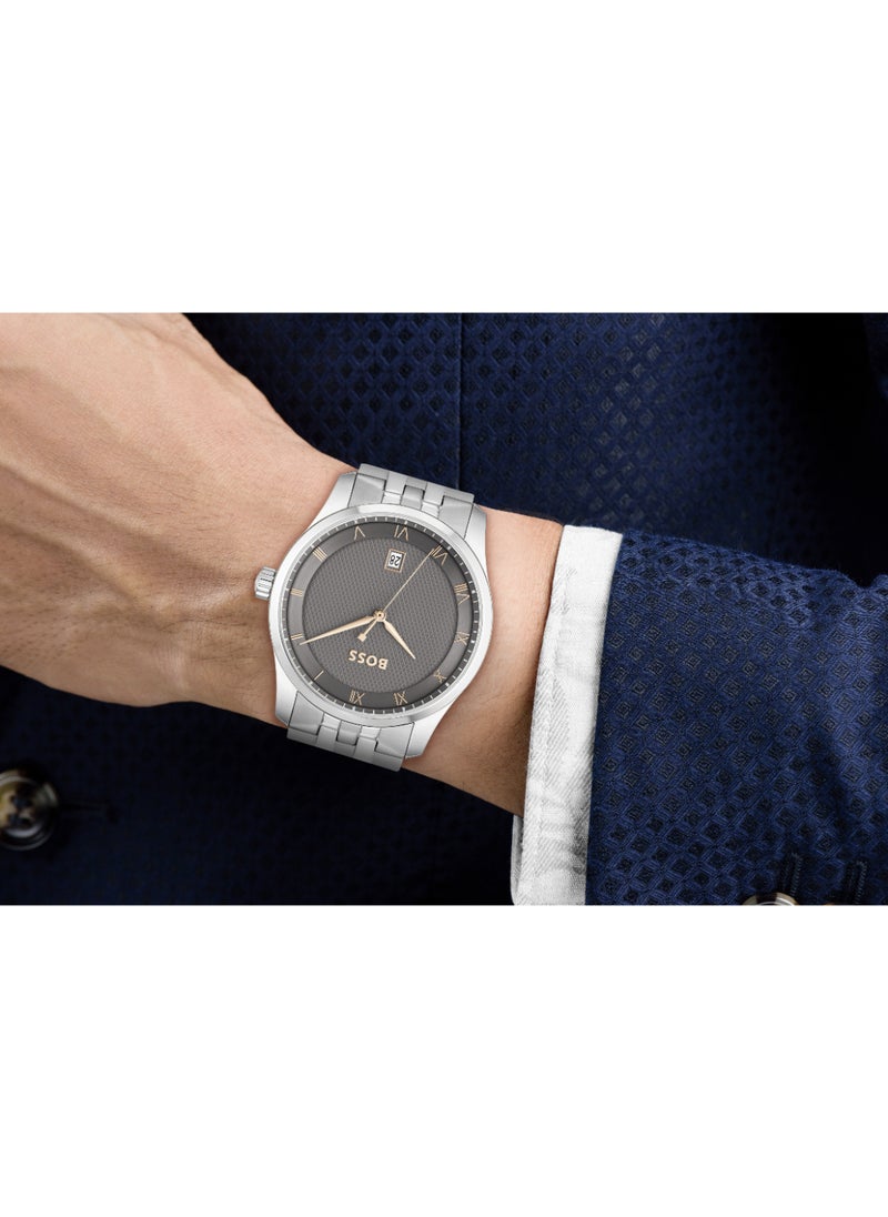 HUGO BOSS ساعة يد رجالية دائرية أنالوج بهيكل رمادي - 1514116  - Image 4