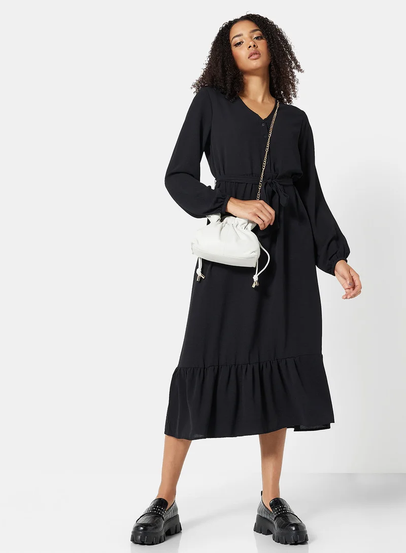 ONLY Belted Ruffle Midi Dress