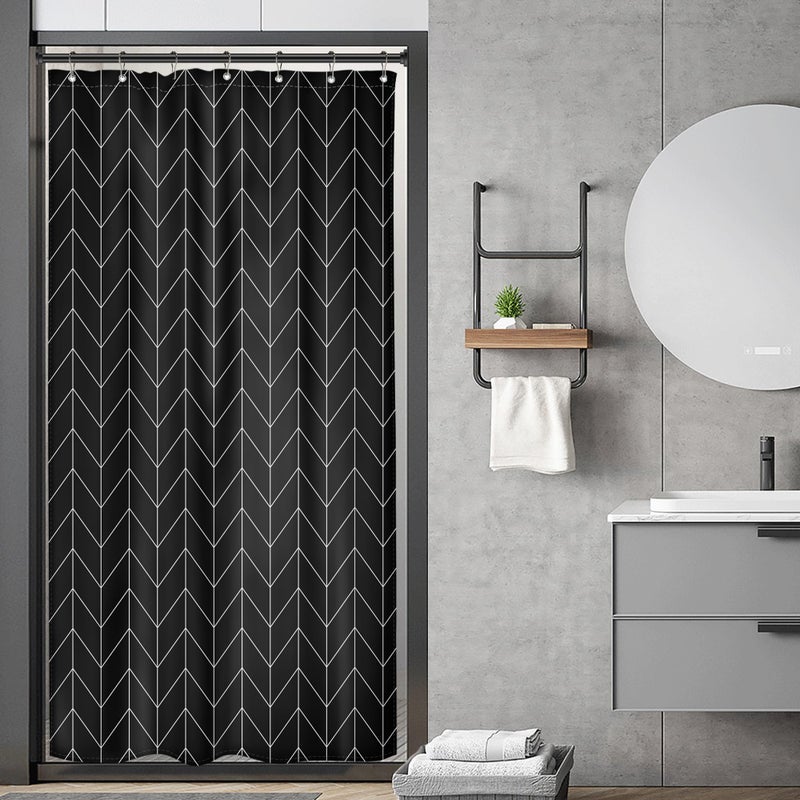 Riyidecor Small Stall Black White Shower Curtain Modern Half Size Chevron Herringbone 36x72 Inch Striped Single Tiny Skinny Narrow 7 Pack Hooks Dorm Decor Fabric Bathroom Set Polyester Waterproof