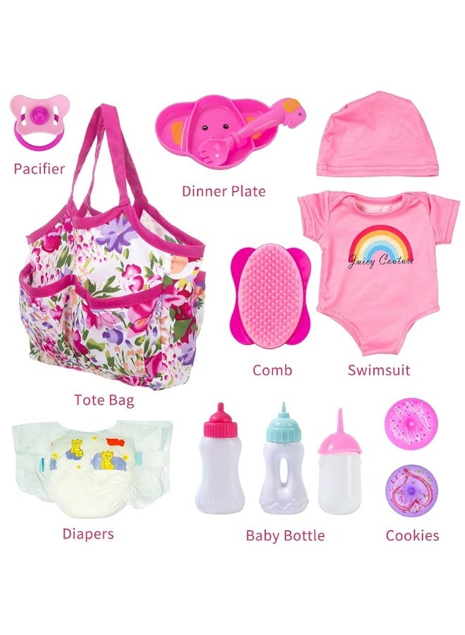 Ecore Fun 13 Piece Baby Doll Accessories Baby Doll Feeding and Caring Set Includes Diaper Bag Clothes Doll Diapers Baby Bottles Dinner Plate Pacifier Comb Babies Pretend Play Set for Toddlers Kids - Image 5