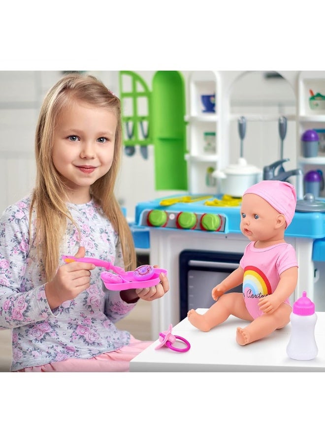 Ecore Fun 13 Piece Baby Doll Accessories Baby Doll Feeding and Caring Set Includes Diaper Bag Clothes Doll Diapers Baby Bottles Dinner Plate Pacifier Comb Babies Pretend Play Set for Toddlers Kids - Image 4