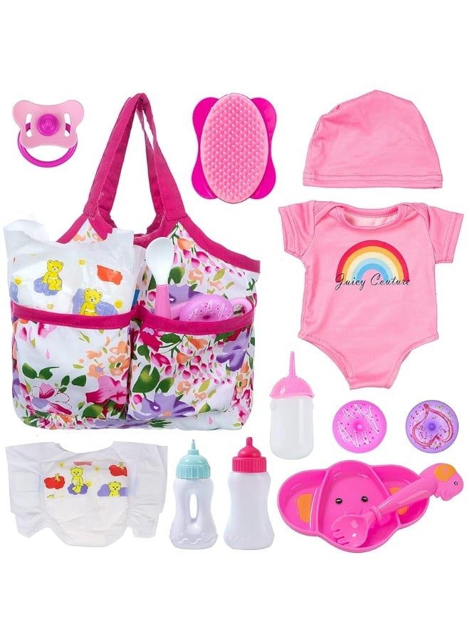 Ecore Fun 13 Piece Baby Doll Accessories Baby Doll Feeding and Caring Set Includes Diaper Bag Clothes Doll Diapers Baby Bottles Dinner Plate Pacifier Comb Babies Pretend Play Set for Toddlers Kids - Image 1