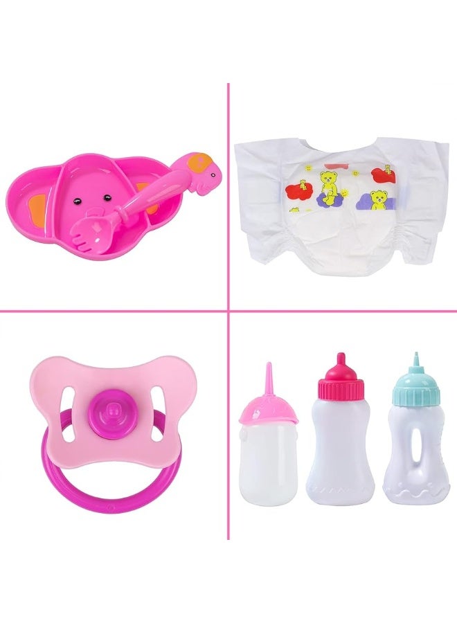 Ecore Fun 13 Piece Baby Doll Accessories Baby Doll Feeding and Caring Set Includes Diaper Bag Clothes Doll Diapers Baby Bottles Dinner Plate Pacifier Comb Babies Pretend Play Set for Toddlers Kids - Image 3