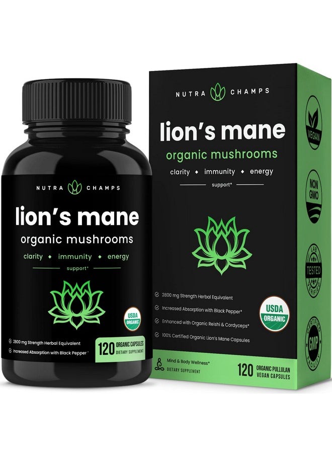 NutraChamps Organic Lions Mane Mushroom Supplement (2 Month Supply 120 Count) Mental Clarity Memory & Focus Supplement ; Vegan Cordyceps & Reishi Mushroom Capsules ; Supports Immune System & Brain Health  - Image 1