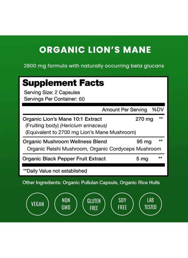 NutraChamps Organic Lions Mane Mushroom Supplement (2 Month Supply 120 Count) Mental Clarity Memory & Focus Supplement ; Vegan Cordyceps & Reishi Mushroom Capsules ; Supports Immune System & Brain Health  - Image 3