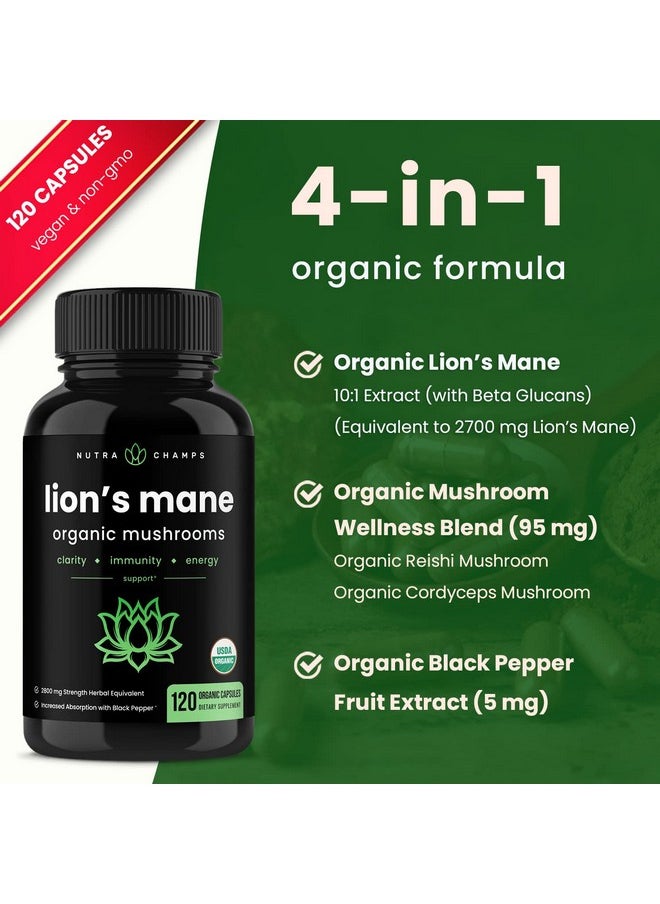 NutraChamps Organic Lions Mane Mushroom Supplement (2 Month Supply 120 Count) Mental Clarity Memory & Focus Supplement ; Vegan Cordyceps & Reishi Mushroom Capsules ; Supports Immune System & Brain Health  - Image 5