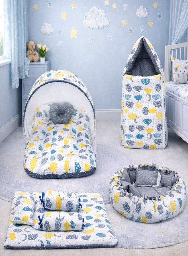 Fareto Combo of Baby Nest | Net with Bed | Carry Bag | 4 Pcs Bedding Set(0-6 Months) (Fullset_Nest) (FULLSET NEST Gray SPRIAL) - Image 1