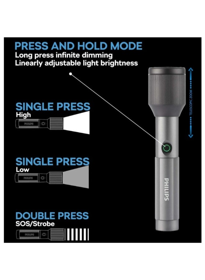 Philips Pack of 5 Philips LED Rechargeable Flashlights | 1000 Lumens Brightness | 900m Beam Range | Zoom Function | Aircraft Aluminium Alloy Body | 2000mAh Rechargeable Battery | Multiple Lighting Modes | Water & Drop Resistant | Grey | SFL2142C5 grey - Image 3