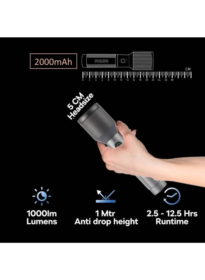 Philips Pack of 5 Philips LED Rechargeable Flashlights | 1000 Lumens Brightness | 900m Beam Range | Zoom Function | Aircraft Aluminium Alloy Body | 2000mAh Rechargeable Battery | Multiple Lighting Modes | Water & Drop Resistant | Grey | SFL2142C5 grey - Image 2