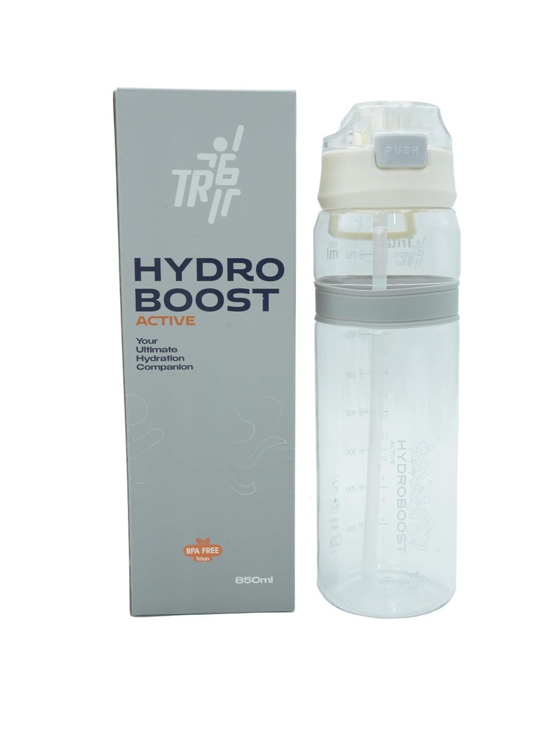 TR6 Hydro Boost Active Clear Water Bottle, BPA-Free Tritan Sports Bottle with Lockable, Leak-Proof, Durable Lid, Ideal for Gym, Office, Outdoor Travel, School, 850ml (White)