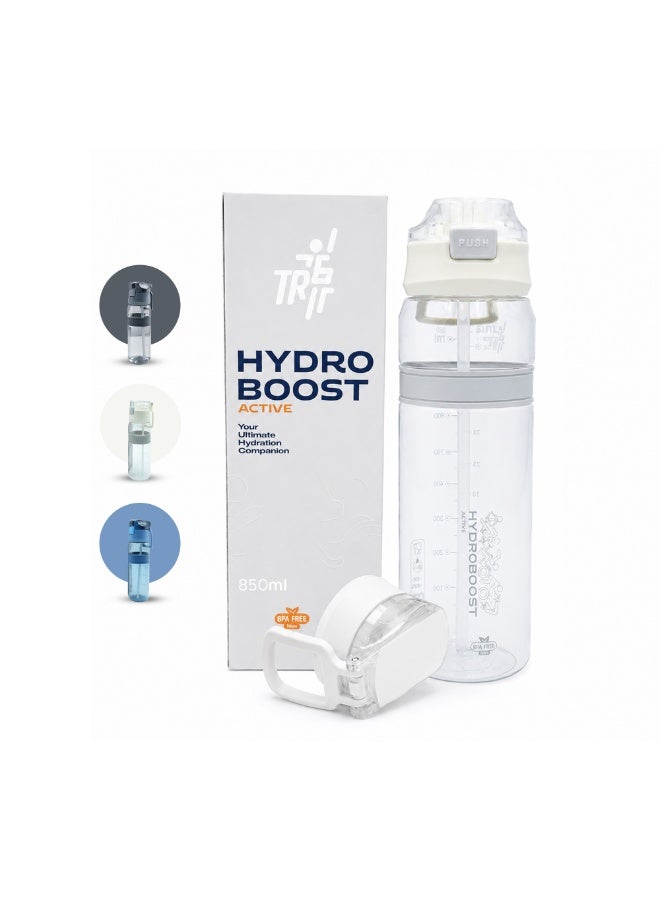 TR6 زجاجة مياه TR6 Hydro Boost Active Clear زجاجة رياضية من تريتان خالية من مادة BPA مع غطاء قابل للقفل ومضاد للتسرب ومتين، مثالية للصالة الرياضية والمكتب والسفر في الهواء الطلق والمدرسة، سعة 850 مل (أبيض) - Image 1