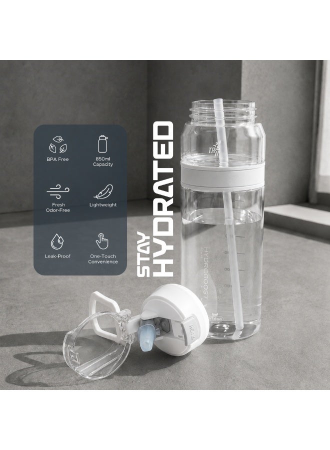 TR6 زجاجة مياه TR6 Hydro Boost Active Clear زجاجة رياضية من تريتان خالية من مادة BPA مع غطاء قابل للقفل ومضاد للتسرب ومتين، مثالية للصالة الرياضية والمكتب والسفر في الهواء الطلق والمدرسة، سعة 850 مل (أبيض) - Image 5