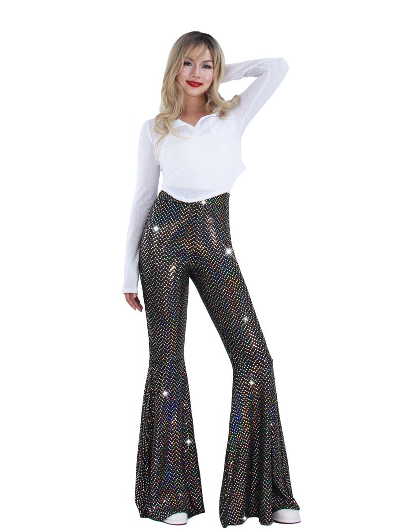 Nawgut Womens Sequin Flare Pant Sparkly High Waisted Leg Bell Bottom Glitter Trousers Night Out Clubwear-Large - Image 2