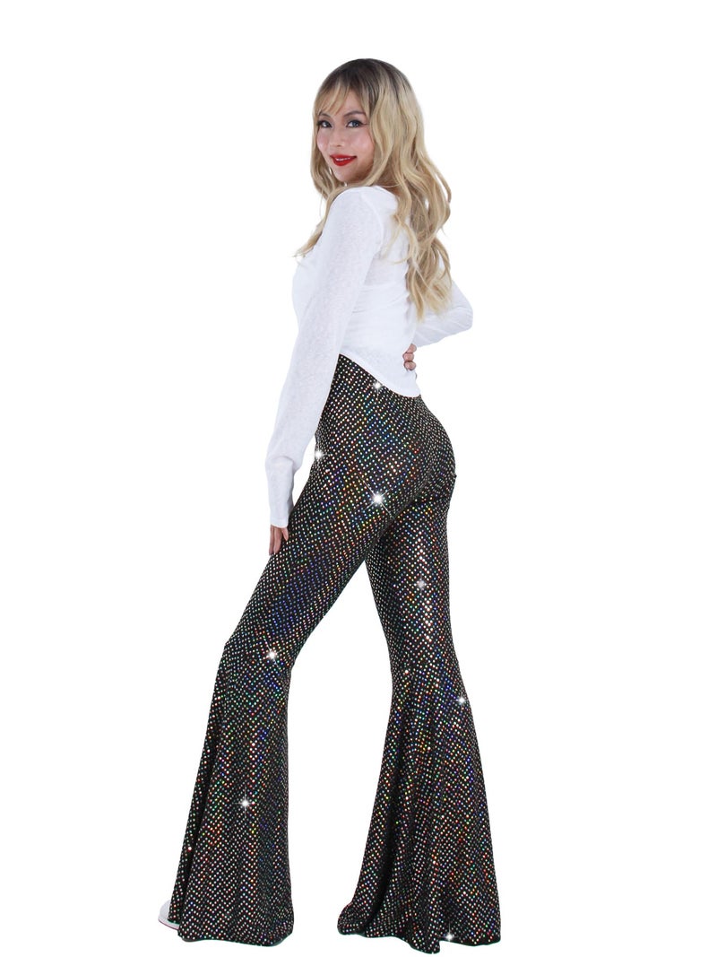 Nawgut Womens Sequin Flare Pant Sparkly High Waisted Leg Bell Bottom Glitter Trousers Night Out Clubwear-Large - Image 5