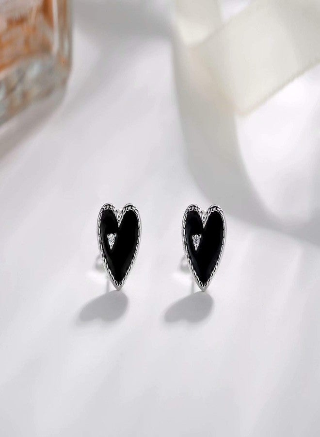 Qings Exquisite Black Star Heart Stud Earrings 925 Sterling Silver Sparkling Platinum Plated Love with CZ as Gift for Women - Image 2