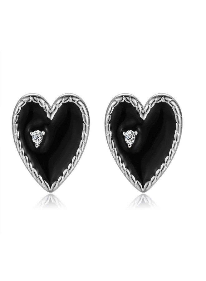 Qings Exquisite Black Star Heart Stud Earrings 925 Sterling Silver Sparkling Platinum Plated Love with CZ as Gift for Women - Image 1
