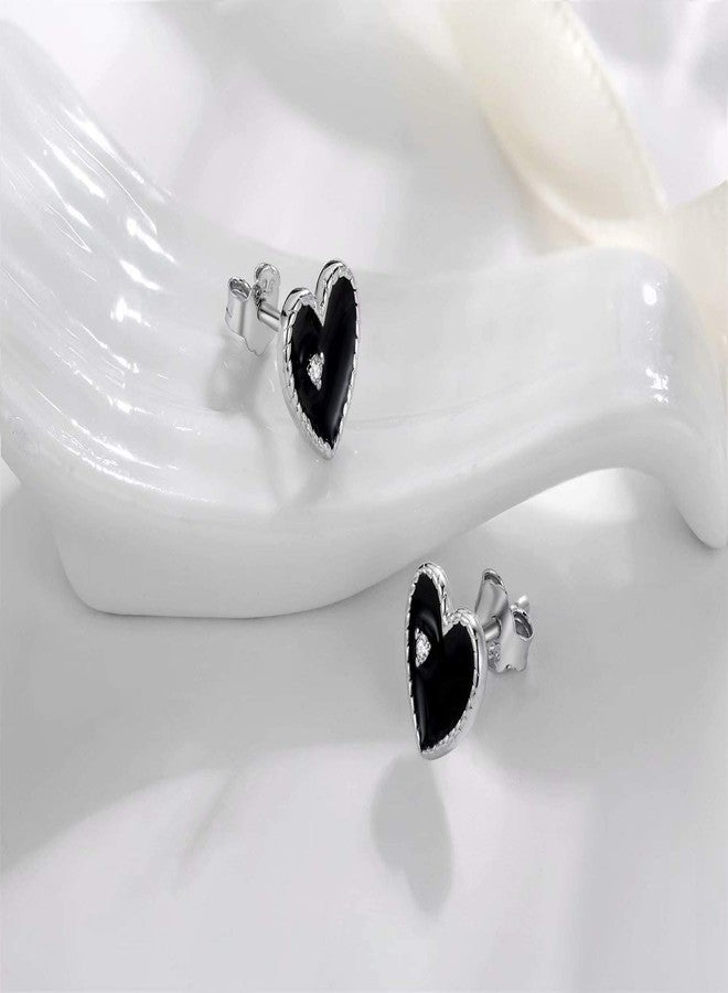 Qings Exquisite Black Star Heart Stud Earrings 925 Sterling Silver Sparkling Platinum Plated Love with CZ as Gift for Women - Image 4