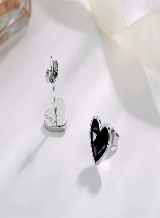Qings Exquisite Black Star Heart Stud Earrings 925 Sterling Silver Sparkling Platinum Plated Love with CZ as Gift for Women - Image 3