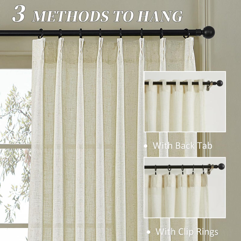 MASWOND Pinch Pleated Flax Linen Curtains 108 Inches Long 2 Panels Set for Living Room, Pleat Drapes Back Tab Semi Sheer Neutral Boho Ceiling to Floor Curtains for Bedroom 9 FT Linen W38xL108 - Image 2