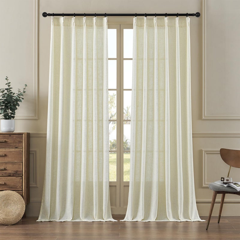 MASWOND Pinch Pleated Flax Linen Curtains 108 Inches Long 2 Panels Set for Living Room, Pleat Drapes Back Tab Semi Sheer Neutral Boho Ceiling to Floor Curtains for Bedroom 9 FT Linen W38xL108 - Image 1