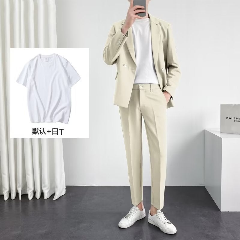 Korean Slim Mens Casual Suit Apricot 3-piece suit (suit + suit pants + White T) 