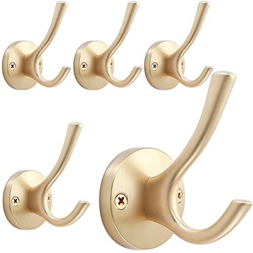 TOFIIGREM Gold Wall Hooks, 5 Pack Coat Robe Hook Heavy Duty Metal Double Bath Hook Wall Mounted, Hand Towel Hooks for Cubicle Bathroom Kitchen Closet Garage - Image 1