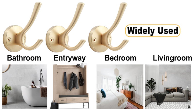 TOFIIGREM Gold Wall Hooks, 5 Pack Coat Robe Hook Heavy Duty Metal Double Bath Hook Wall Mounted, Hand Towel Hooks for Cubicle Bathroom Kitchen Closet Garage - Image 2