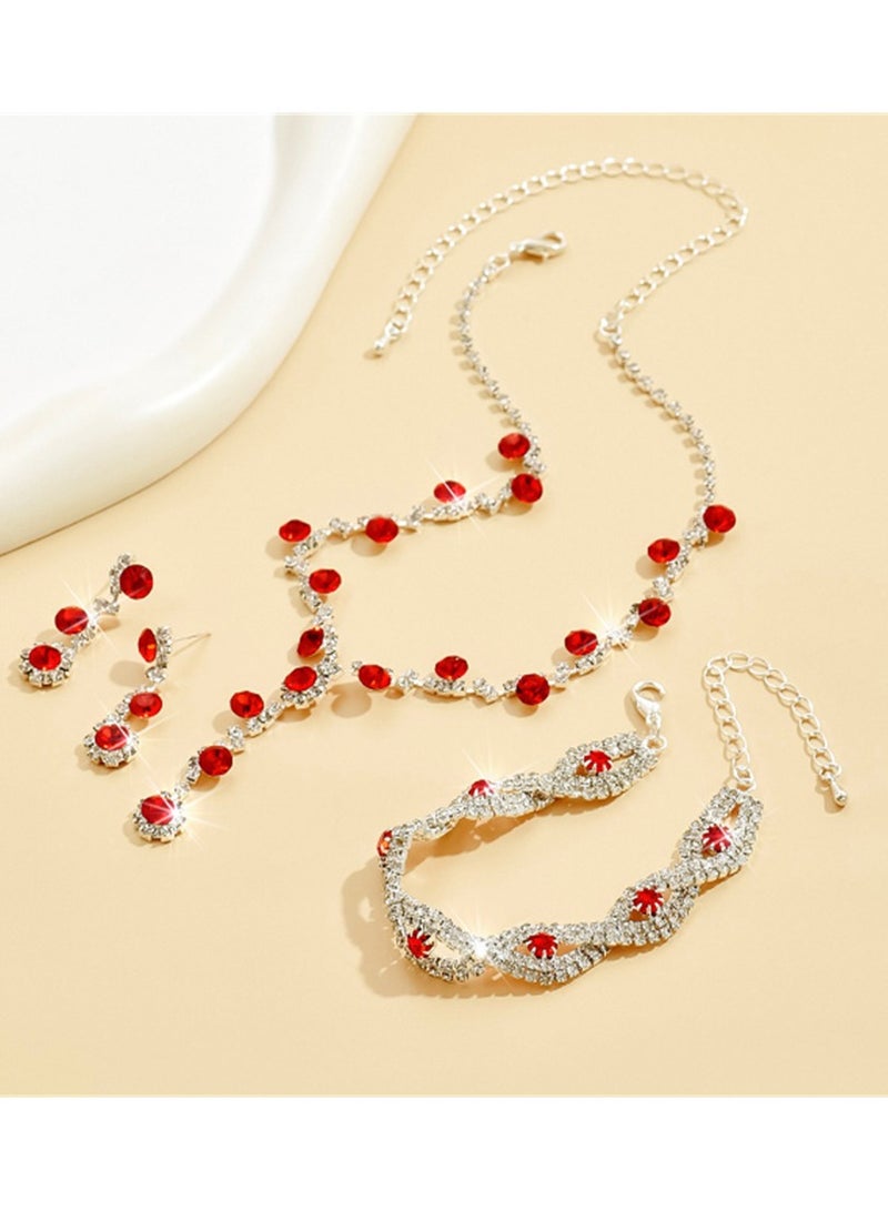 4Pcs Rhinestone Jewelry Set Shinning Necklace Zircon Earrings Pendant Dress Accessory Chic Gift for Women Ladies Mother Wife Bridesmaids Wedding Party Red  - Image 5