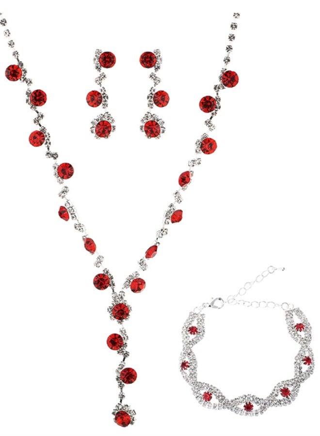 4Pcs Rhinestone Jewelry Set Shinning Necklace Zircon Earrings Pendant Dress Accessory Chic Gift for Women Ladies Mother Wife Bridesmaids Wedding Party Red  - Image 2