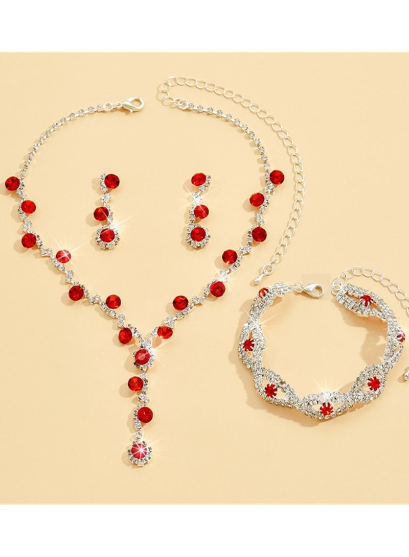 4Pcs Rhinestone Jewelry Set Shinning Necklace Zircon Earrings Pendant Dress Accessory Chic Gift for Women Ladies Mother Wife Bridesmaids Wedding Party Red  - Image 4
