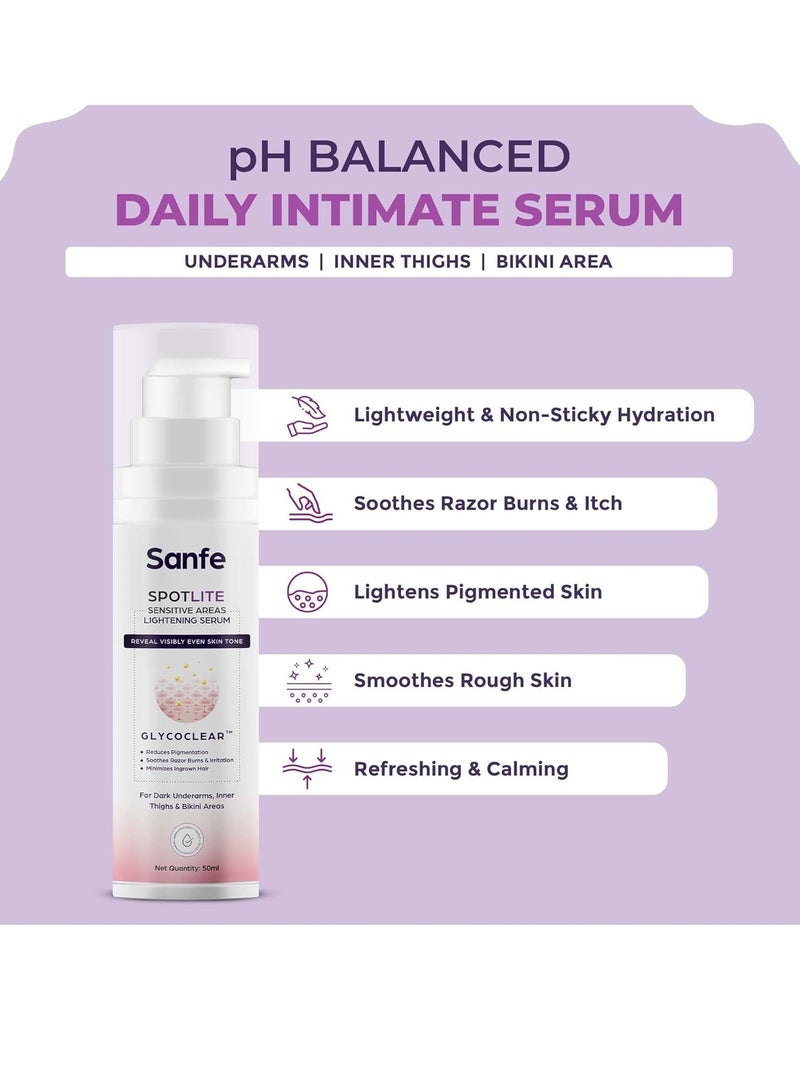 Sanfe Spotlite Sensitive Body Serum For Dark Underarms, Inner Thighs and Sensitive Areas | 10X Powerful, Enriched with 2% Glyoclic Acid, Alpha Arbutin, Niacinnamide| For Dark Intimate Patches, Detanning, Anti Aging and Skin | Helps in Depigmentation & Long Moisture - 50gm | For Indian Women Skin - Image 4