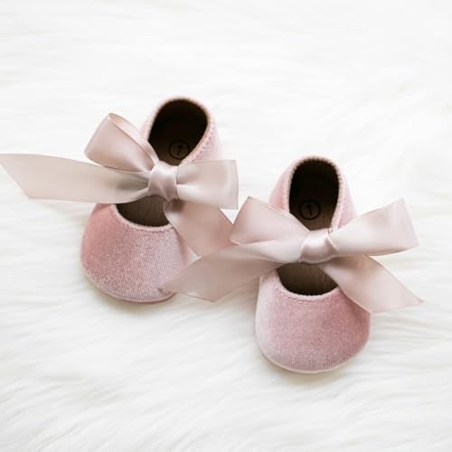 KIDSUN Infant Baby Girls Mary Jane Shoes Soft Sole Ballet Slippers Bow Princess Newborn Dress Wedding Flat Shoes (6-12 Months Infant, A-Pink(Velvet)/, 6_Months) - Image 5