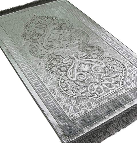Modefa Luxury Velvet Prayer Rug with Prayer Beads  Soft Elegant Muslim Turkish Janamaz Sajada Carpet for Men and Women  Plain Solid Prayer Mat Ramadan Eid Gift  Paisley Silver Grey