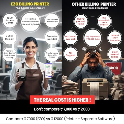 EZO 58mm 2 Inch Printer + 1 Year Free Software Subscription Direct Thermal Billing Machine for Retail Shop with USB & Bluetooth Connectivity and Rechargeable Battery Includes 5 Rolls, QR Review Standy - Image 3