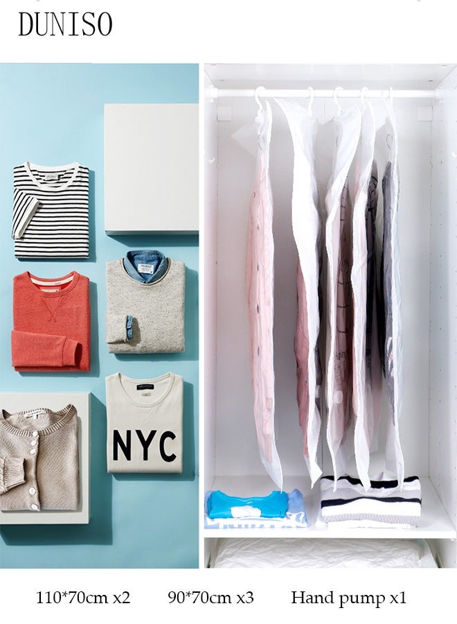 DUNISO 7 Pcs Hanging Vacuum Storage Bags,Reusable Vacuum Storage Bag with Hangers,Vacuum Seal Storage Bag With Manual Suction Pump,for Clothes, Mattress, Blanket, Duvets, Pillows, Quilt, Travel (3 Large, 3 Medium) - Image 3