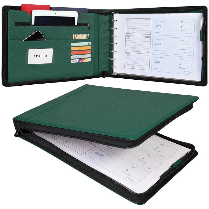 REALIKE Zippered Business Checkbook Binder for Business Checks, 7 Ring Check Binder for 9x13 Sheets,600 Checks Capacity, PU Leather Portfolio with Zipper Pouch & Storage Organizer - Image 1
