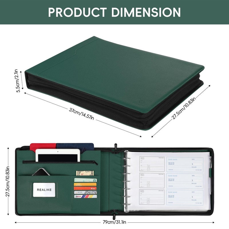 REALIKE Zippered Business Checkbook Binder for Business Checks, 7 Ring Check Binder for 9x13 Sheets,600 Checks Capacity, PU Leather Portfolio with Zipper Pouch & Storage Organizer - Image 2