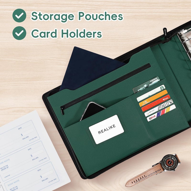 REALIKE Zippered Business Checkbook Binder for Business Checks, 7 Ring Check Binder for 9x13 Sheets,600 Checks Capacity, PU Leather Portfolio with Zipper Pouch & Storage Organizer - Image 5