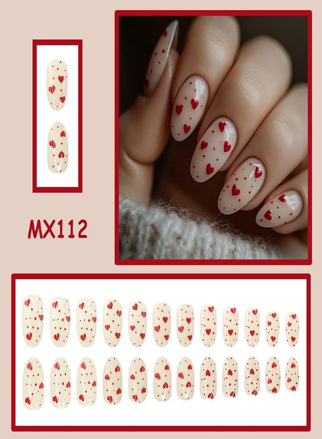 LYLYNB 24Pcs Red Heart Press on Nails Almond Medium Fake Nails Valentines Glue on Nails Cute Design Hearts False Nail Tips Full Cover Stick on Nails Glossy Artificial Nails for Women DIY Manicure Art - Image 2