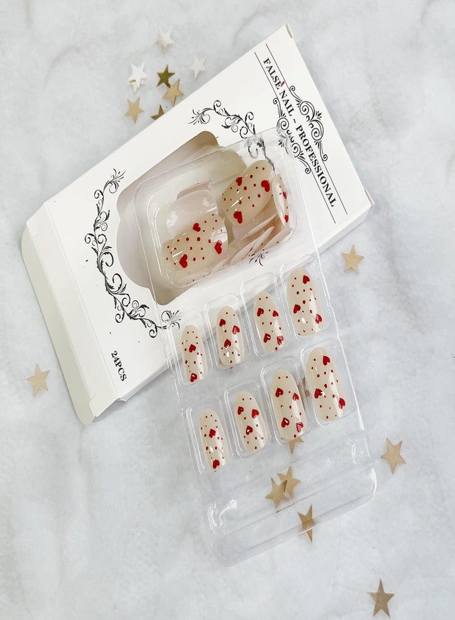 LYLYNB 24Pcs Red Heart Press on Nails Almond Medium Fake Nails Valentines Glue on Nails Cute Design Hearts False Nail Tips Full Cover Stick on Nails Glossy Artificial Nails for Women DIY Manicure Art - Image 5