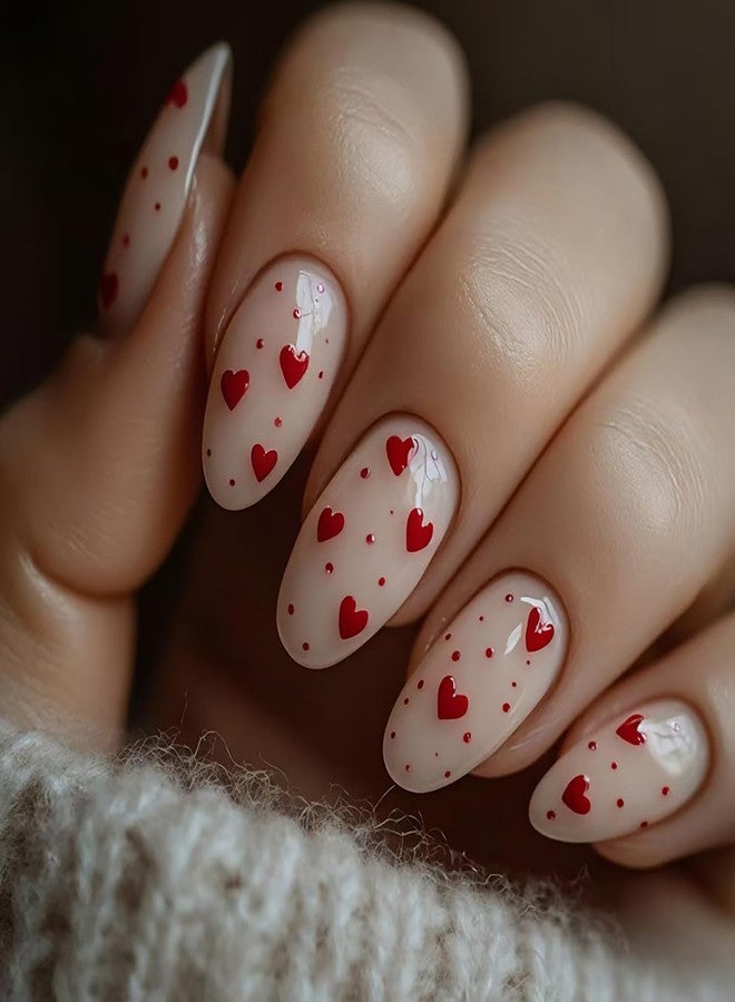 LYLYNB 24Pcs Red Heart Press on Nails Almond Medium Fake Nails Valentines Glue on Nails Cute Design Hearts False Nail Tips Full Cover Stick on Nails Glossy Artificial Nails for Women DIY Manicure Art - Image 1