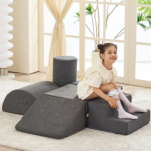 jela Kids Foam Climbing Blocks 6Pcs Soft Play Equipment Toddler Climbing Toys Indoor Soft Play Climbing Set Lightweight Climbing Blocks for Babies Crawling Foam Playset Miss Fabric Darkgrey - Image 1