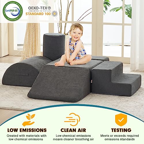 jela Kids Foam Climbing Blocks 6Pcs Soft Play Equipment Toddler Climbing Toys Indoor Soft Play Climbing Set Lightweight Climbing Blocks for Babies Crawling Foam Playset Miss Fabric Darkgrey - Image 5