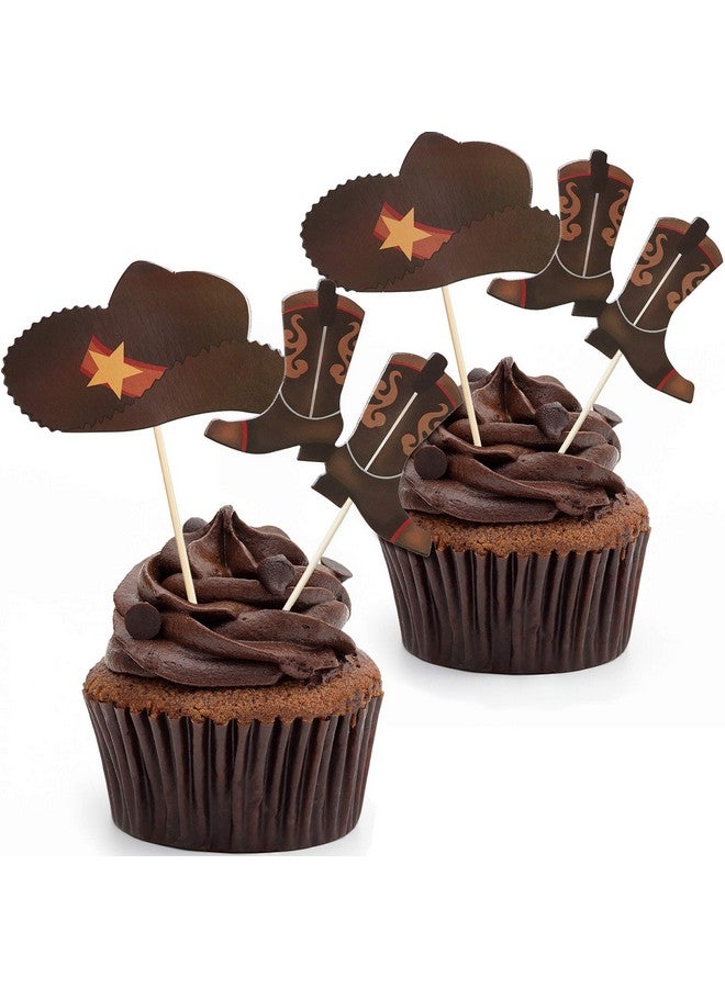Blulu 60 Pieces Cowboy or Cowgirl Hat and Boot Cupcake Toppers Western Birthday Cake Decorations Rodeo Cupcake Picks Baby Shower Toothpicks for Western Theme Party Favors Supplies (Brown) - Image 1