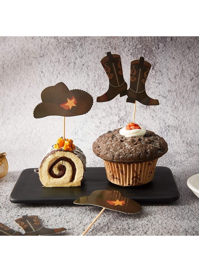 Blulu 60 Pieces Cowboy or Cowgirl Hat and Boot Cupcake Toppers Western Birthday Cake Decorations Rodeo Cupcake Picks Baby Shower Toothpicks for Western Theme Party Favors Supplies (Brown) - Image 3