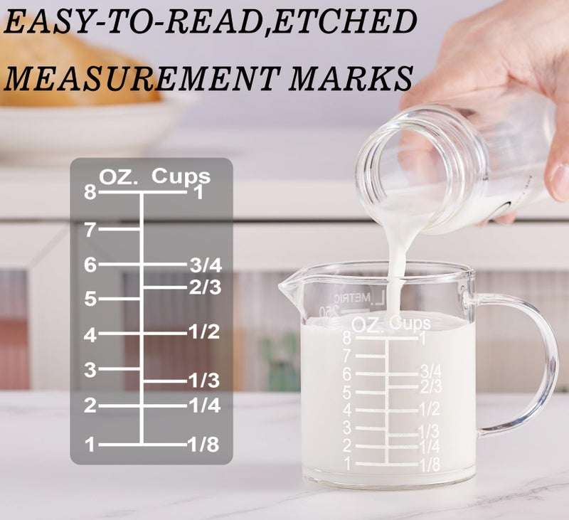 Ackers BORO3.3 Ackers Etched Graduated Glass Measuring Cup - [Insulated Handle | V-Shaped Spout] - High Borosilicate Glass Measuring Cup for Kitchen or Dining, Easy to Read, 250ml (8oz, 1 Cup) - Image 2