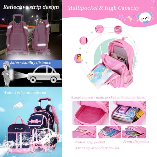 MITOWERMI Rolling Backpack for Girls Cute Trolley Bags Primary School Bookbags with Wheels Kids Carry-On Wheeled Backpack with Lunch Bag - Image 4
